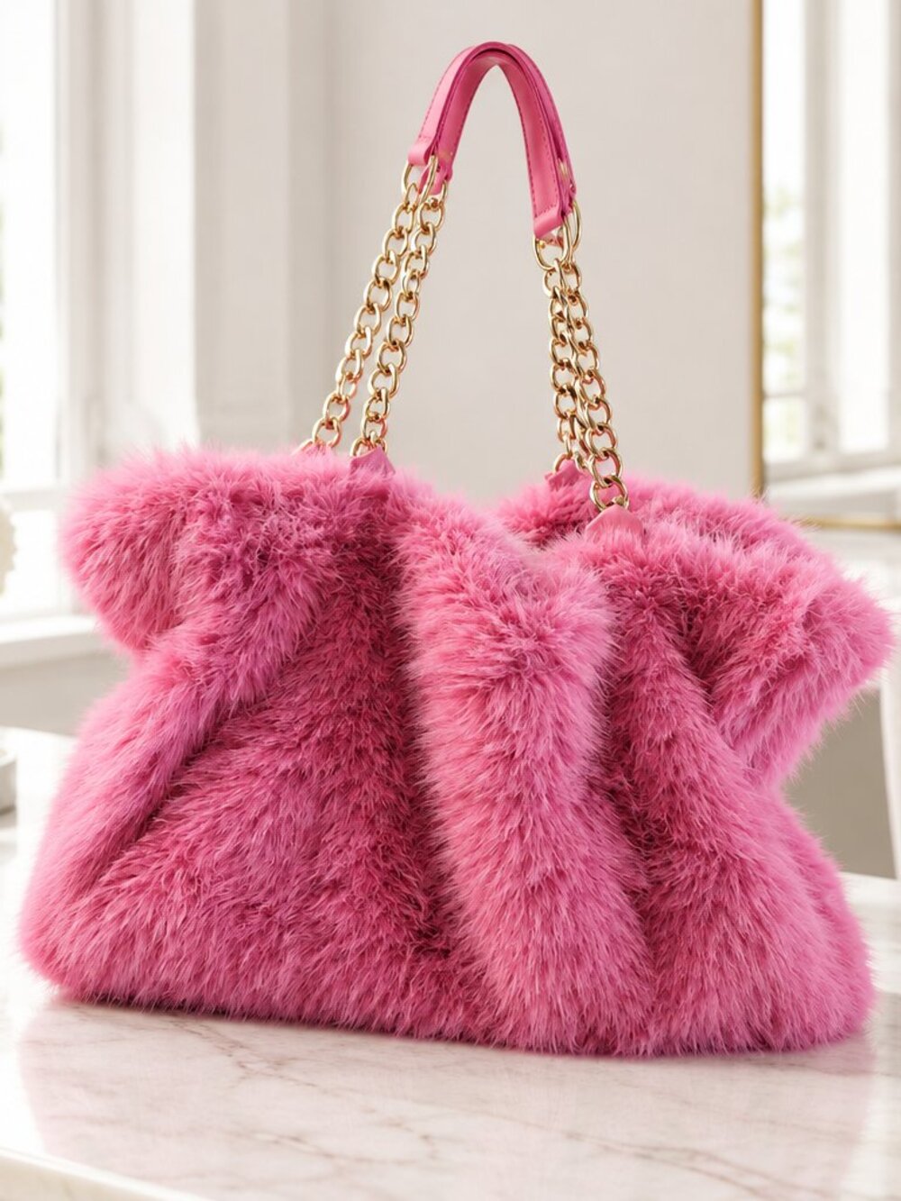 Hot Pink Plush Faux-Fur Tote Bag